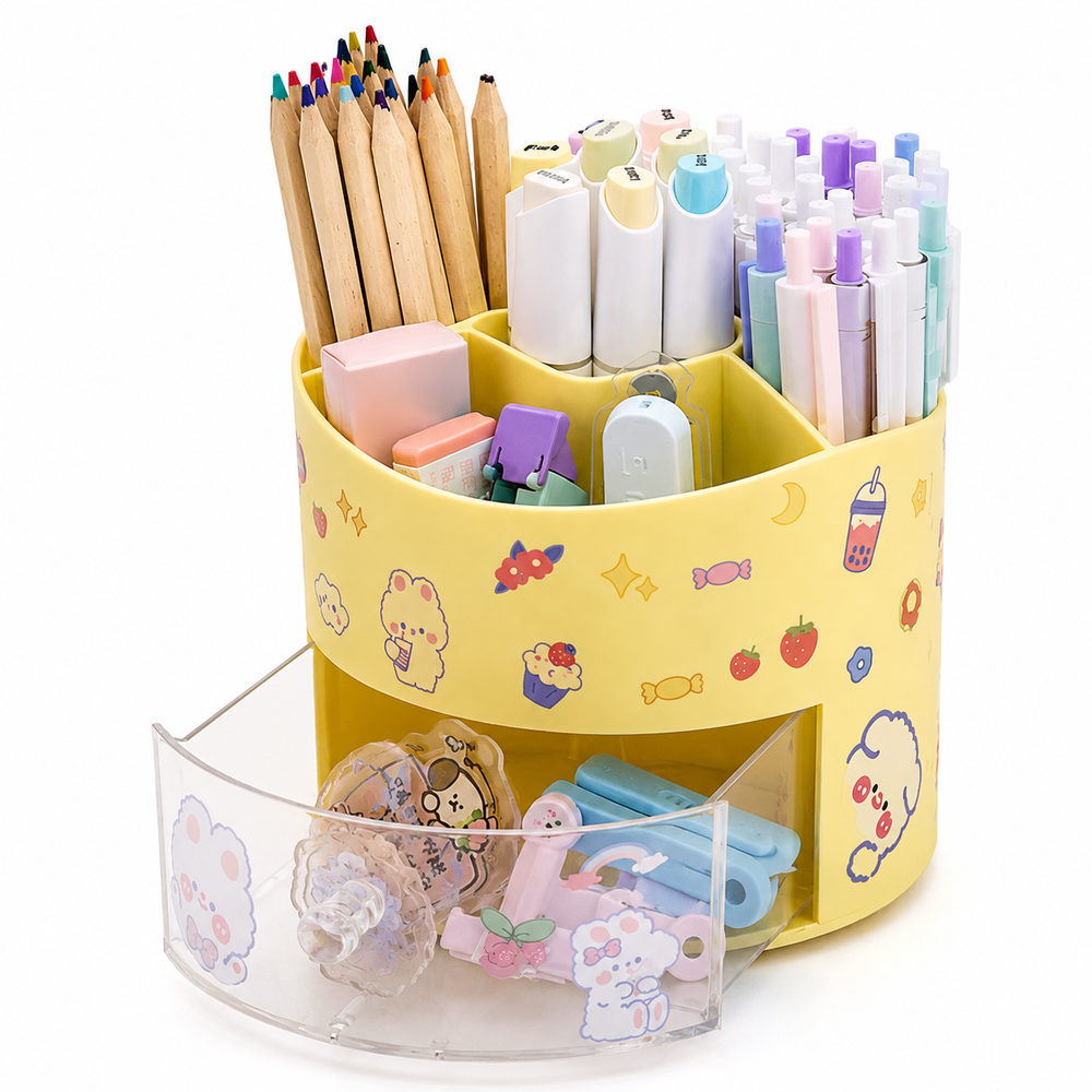Cute Rotating Pen Holder with Drawer Storage Organizer
