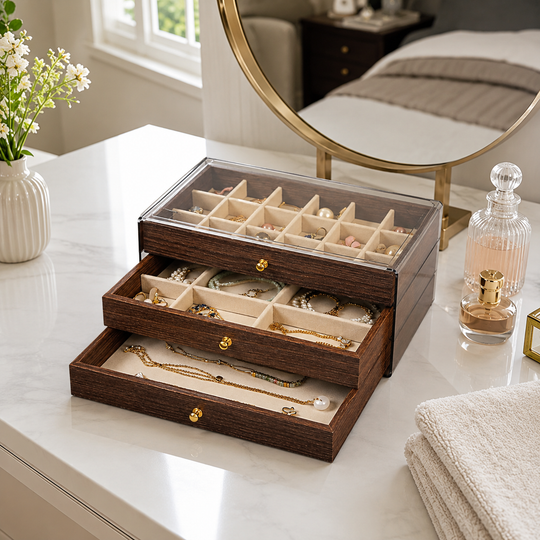 3-Tier Wooden Jewelry Organizer Box with Clear Lid