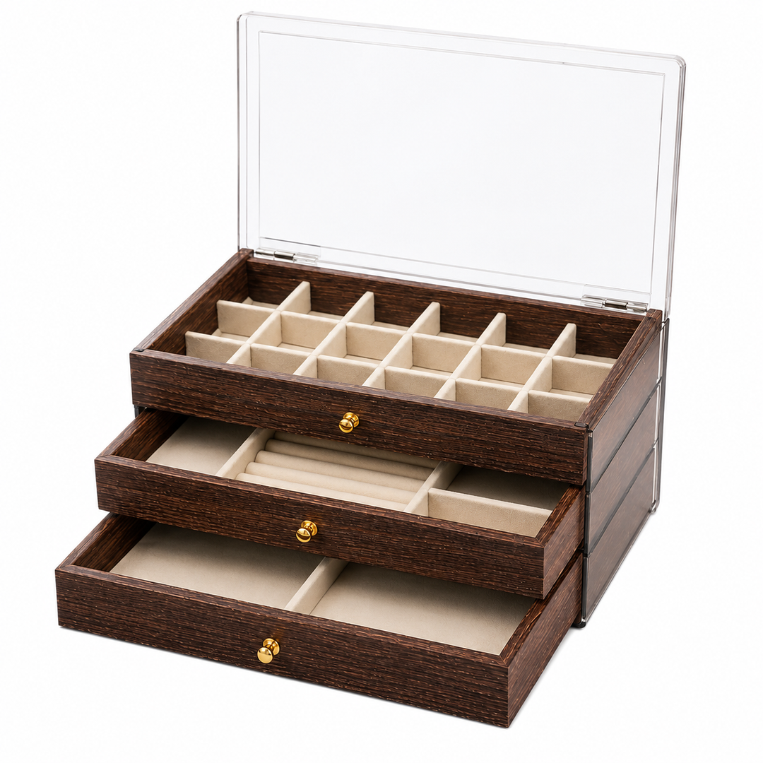 3-Tier Wooden Jewelry Organizer Box with Clear Lid