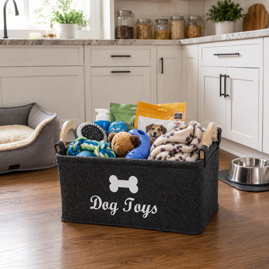 Felt Dog Toy Storage Basket with Wooden Handles