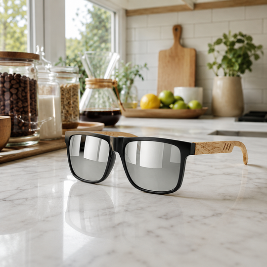 Vintage Square Mirror Sunglasses with Wood-Style Temples