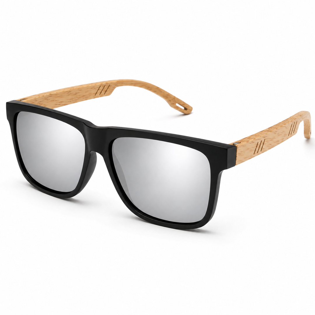 Vintage Square Mirror Sunglasses with Wood-Style Temples