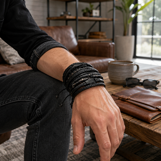 10-Piece Black Braided Leather Wrap Bracelet Set