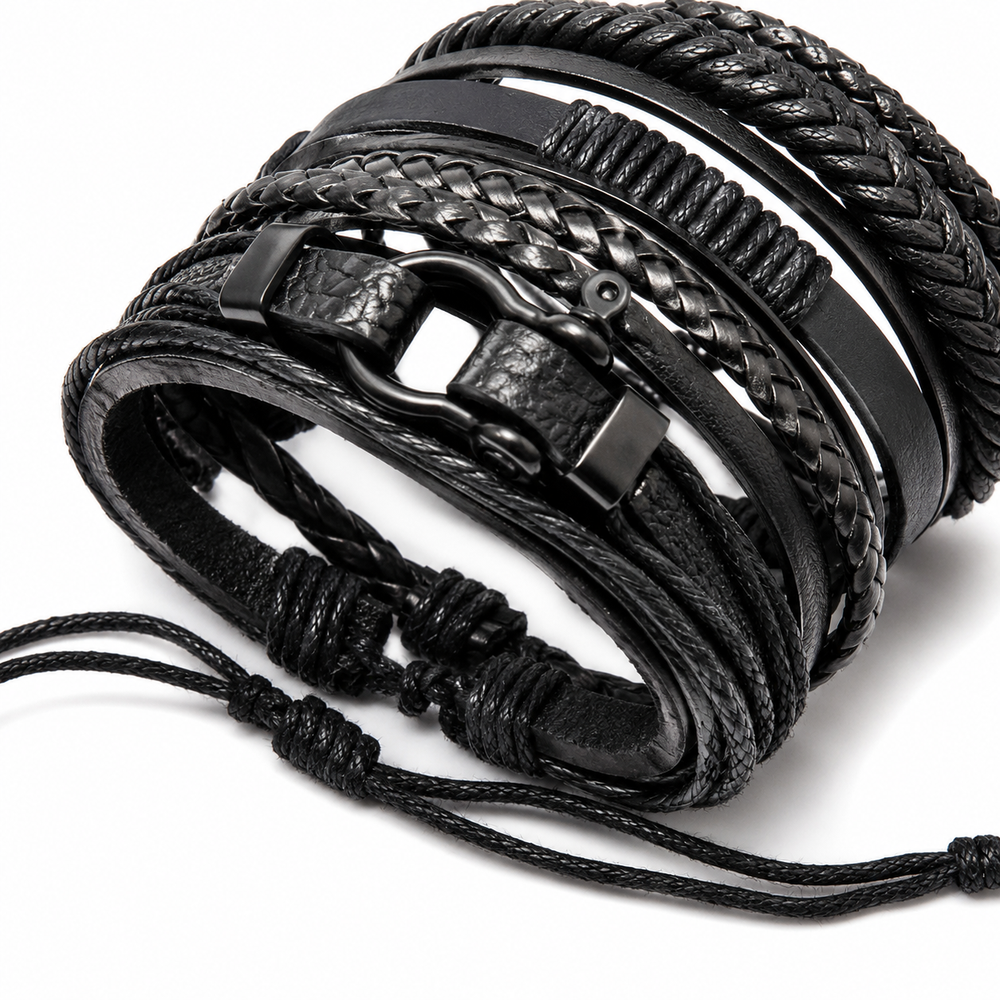 10-Piece Black Braided Leather Wrap Bracelet Set