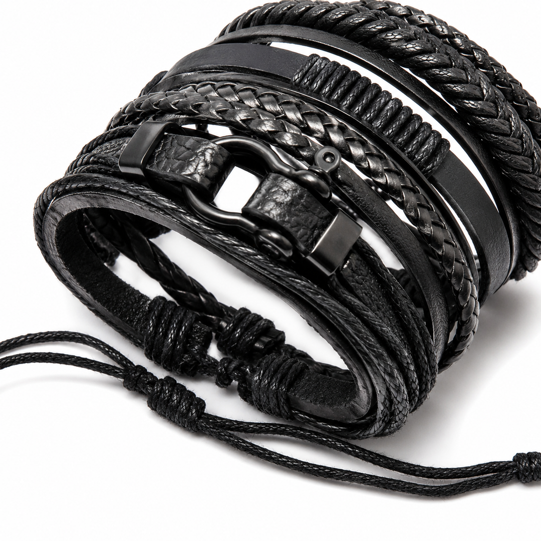 10-Piece Black Braided Leather Wrap Bracelet Set
