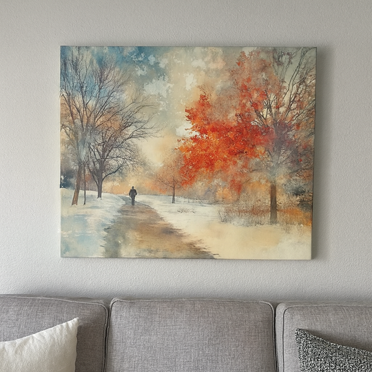 Painting of a winter landscape with a red tree on a gray wall above a sofa.