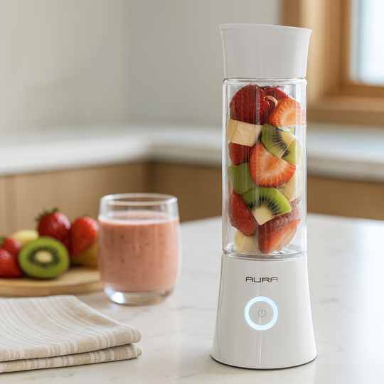 Portable blender with fruits inside on a kitchen counter, next to a glass of smoothie.