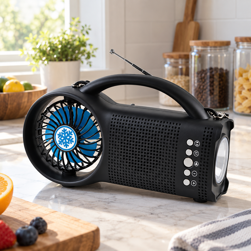 Solar Bluetooth Speaker with FM Radio, Fan & LED Light
