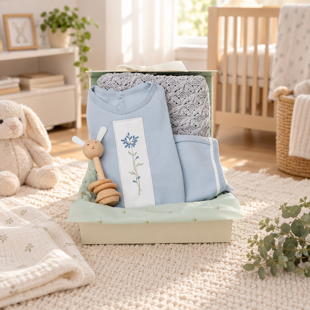 Treasured Trio Baby Gift Box with Knit Blanket & Toy