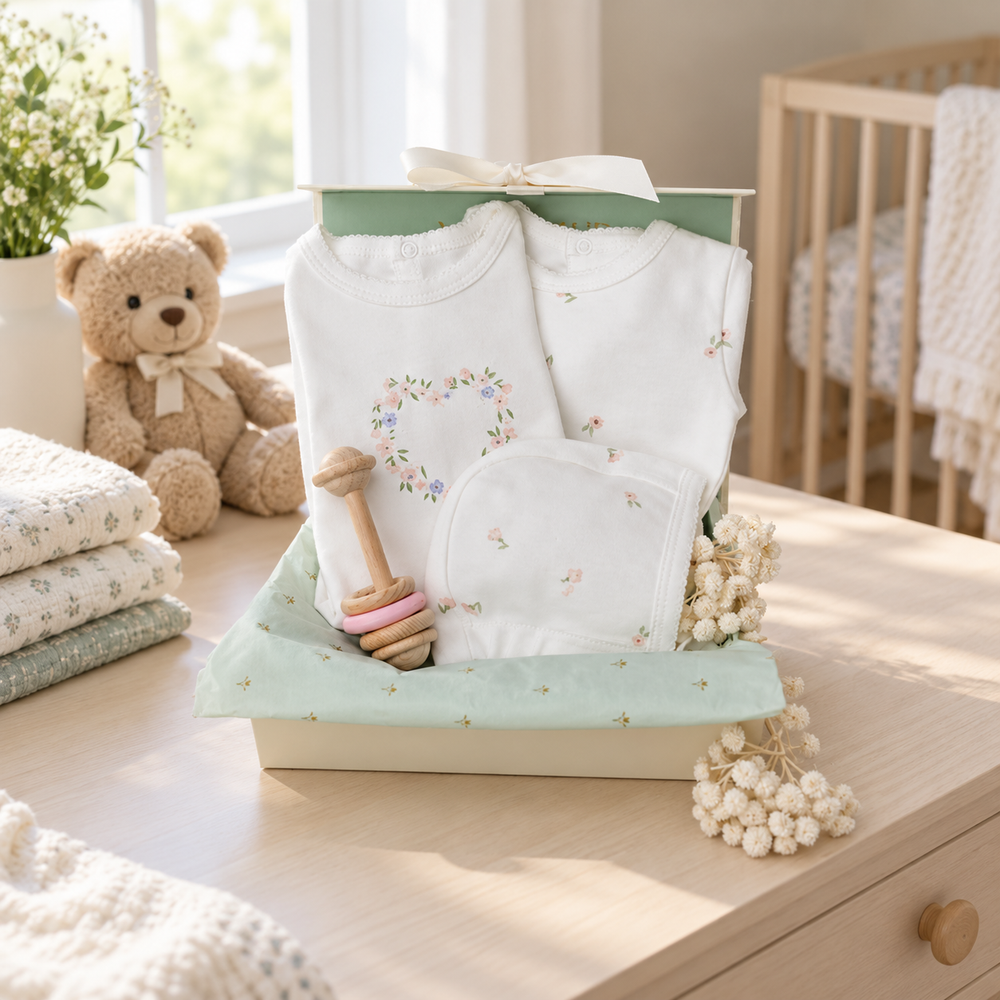 Angelic Duo Baby Gift Box with Footies, Hat & Toy
