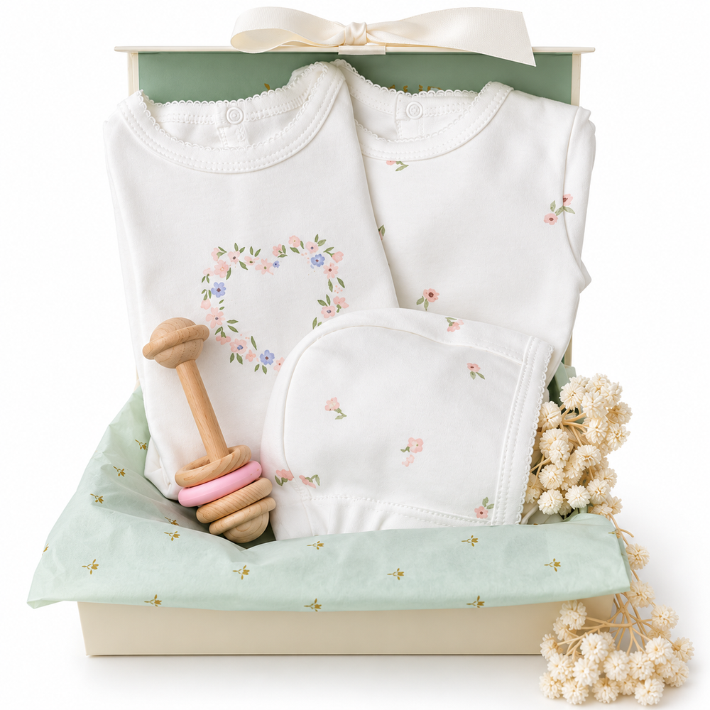 Angelic Duo Baby Gift Box with Footies, Hat & Toy
