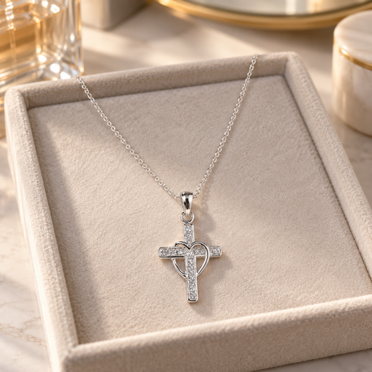 Silver Plated CZ Cross &amp; Heart Necklace
