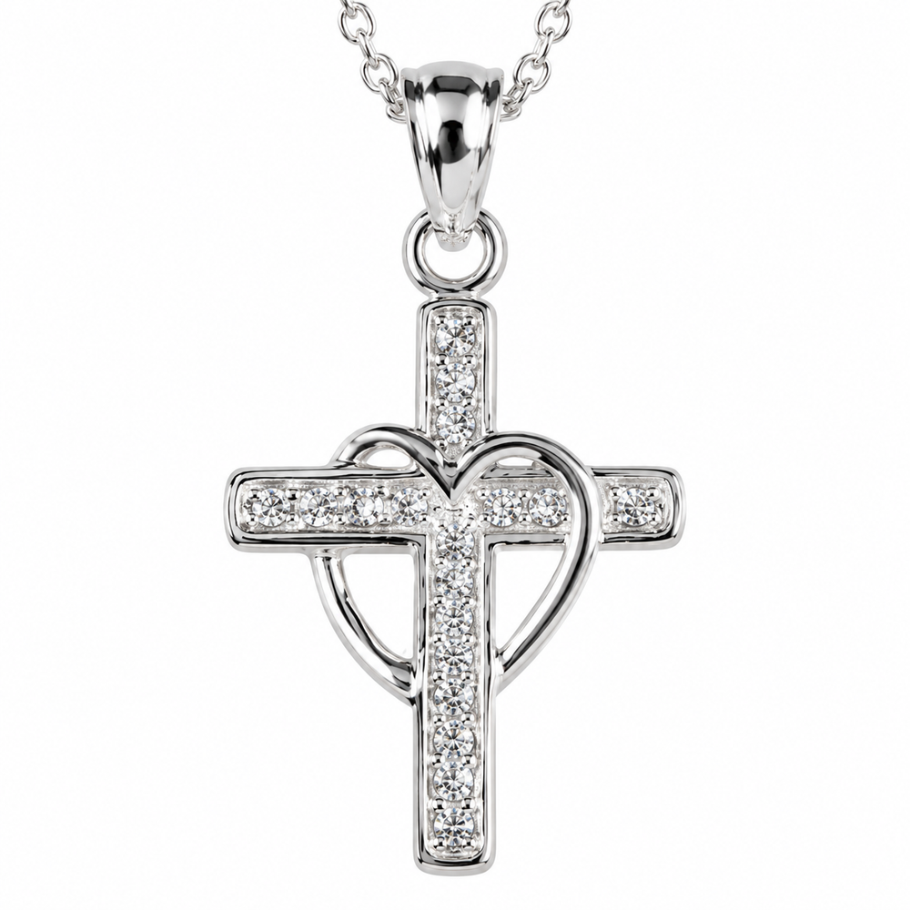 Silver Plated CZ Cross & Heart Necklace