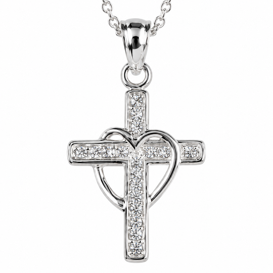 Silver Plated CZ Cross &amp; Heart Necklace