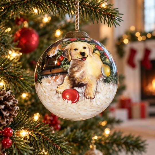 Hand-Painted Puppy Glass Christmas Ornament