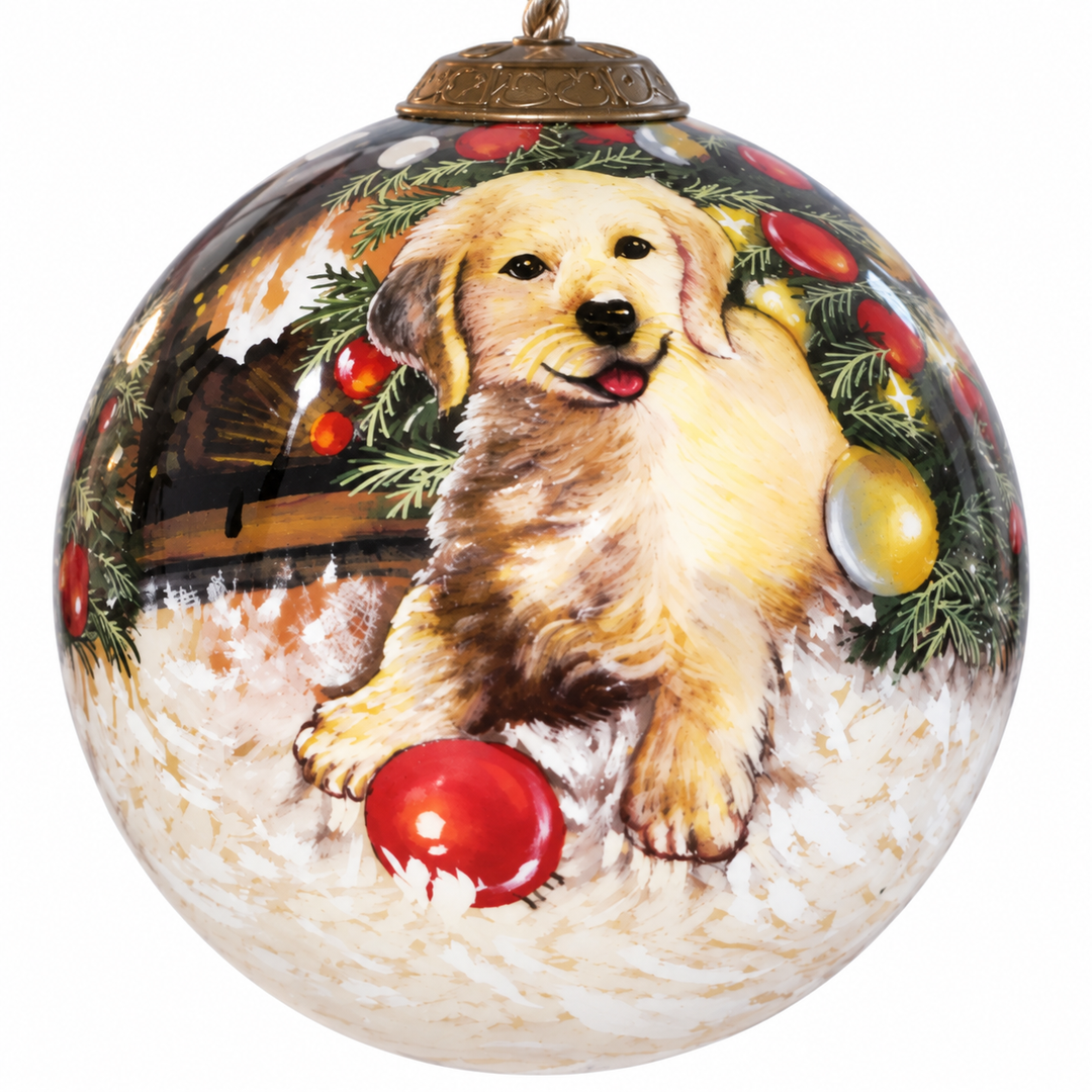Hand-Painted Puppy Glass Christmas Ornament