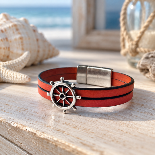 Nautical Genuine Leather Wheel Charm Bracelet