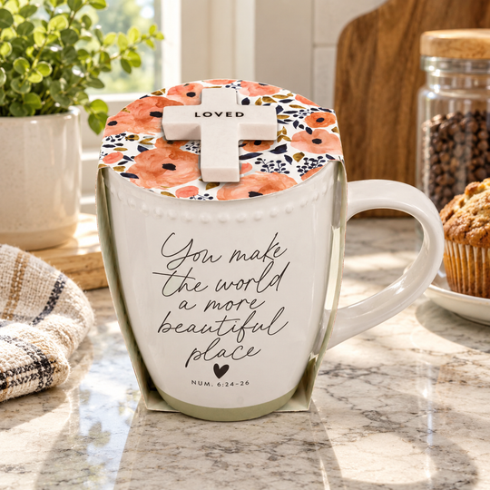 Wrapped in Love 18 oz Ceramic Mug &amp; Cross Gift Set