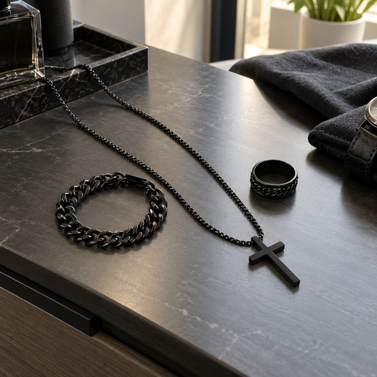 Men’s Black Cross Necklace, Ring &amp; Bracelet Set