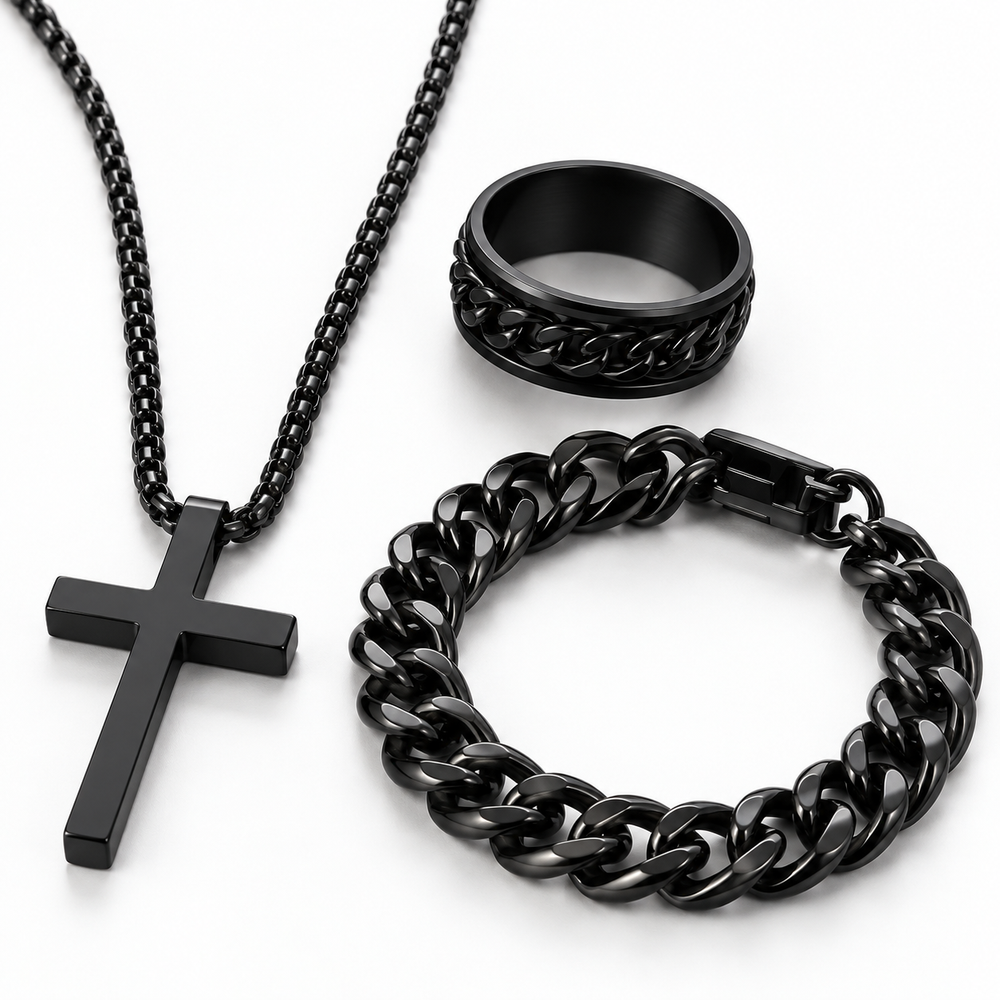 Men’s Black Cross Necklace, Ring & Bracelet Set