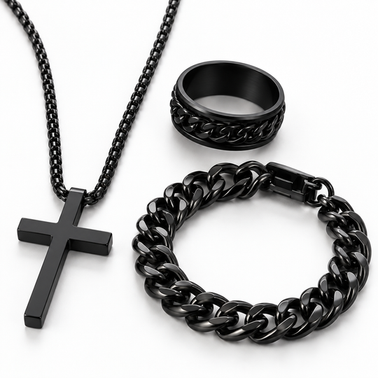 Men’s Black Cross Necklace, Ring &amp; Bracelet Set