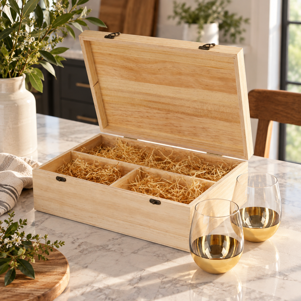 Wood Wine Gift Box with 2 Stemless Glasses