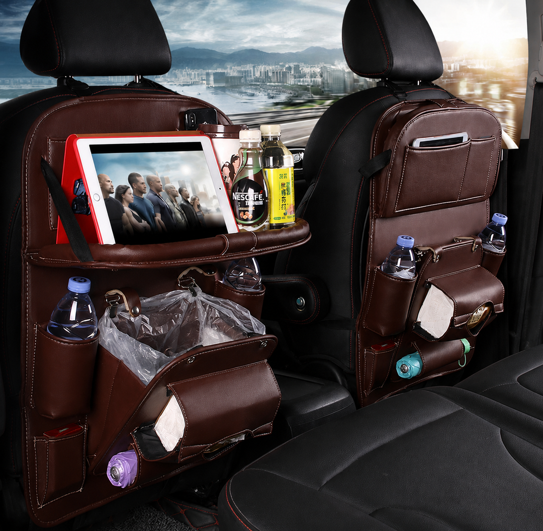 PU Leather Car Seat Organizer with Tray &amp; Trash Pocket