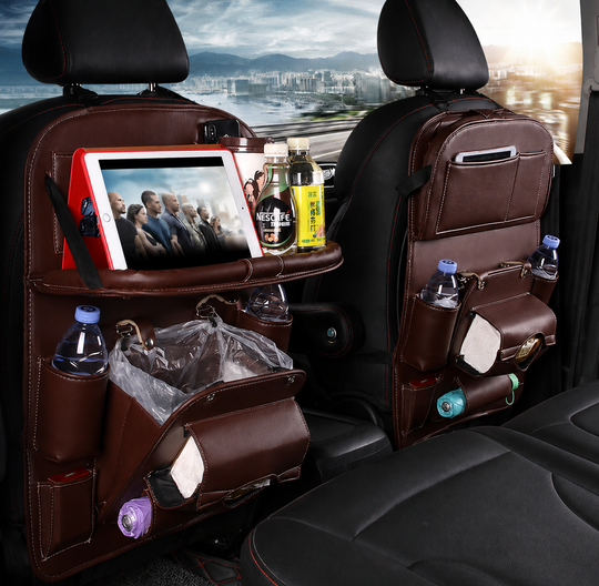 PU Leather Car Seat Organizer with Tray &amp; Trash Pocket