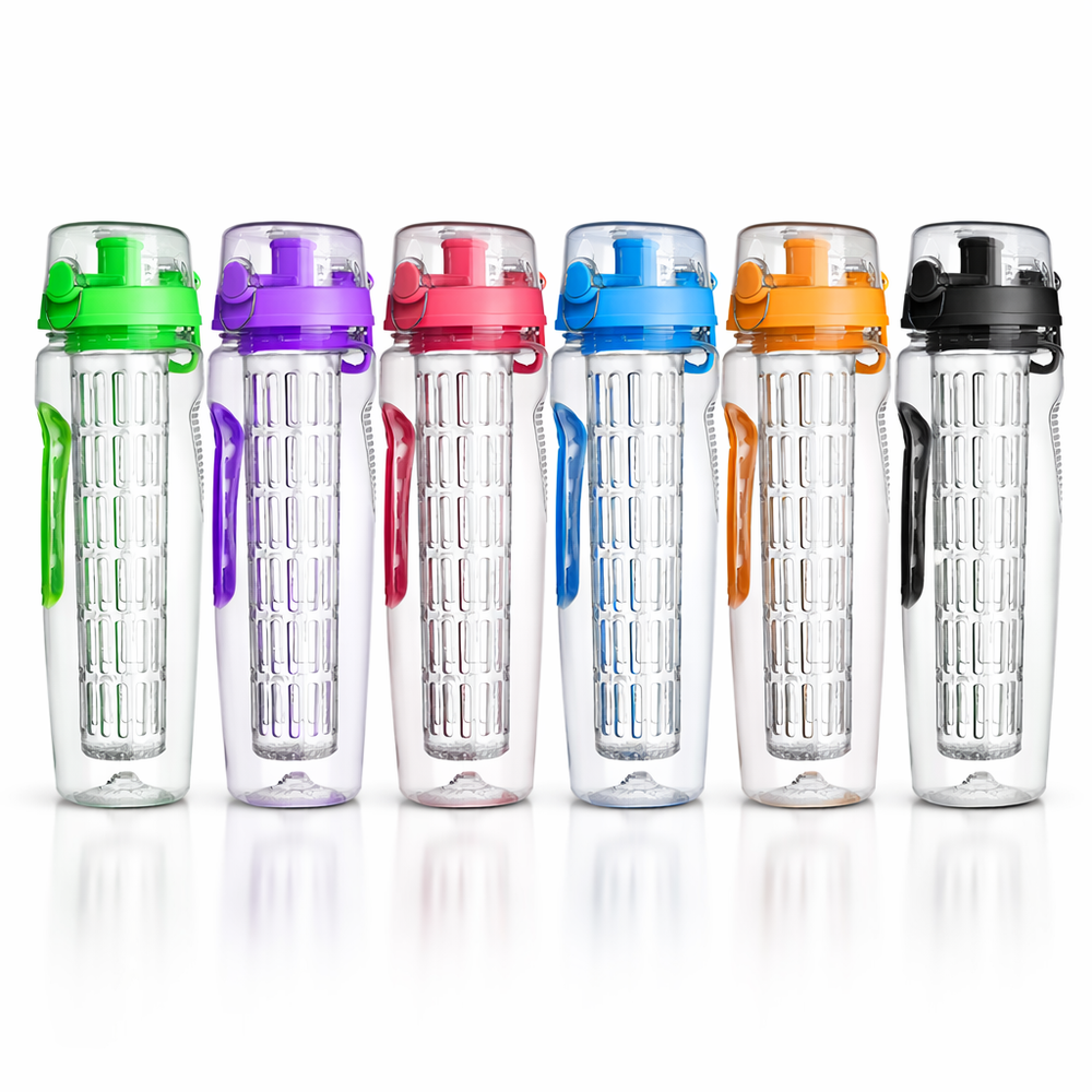 Set of six colorful water bottles with grid designs on a white background