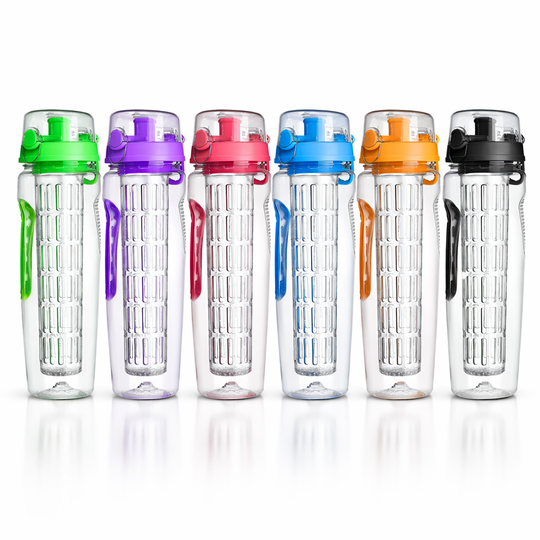 Set of six colorful water bottles with grid designs on a white background