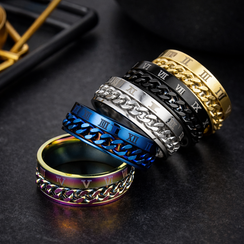 Men’s Roman Numeral Spinner Chain Ring in multiple colors on display