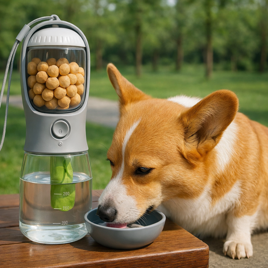 Dog drinking water from a bowl next to a pet water bottle with treats inside outdoors.