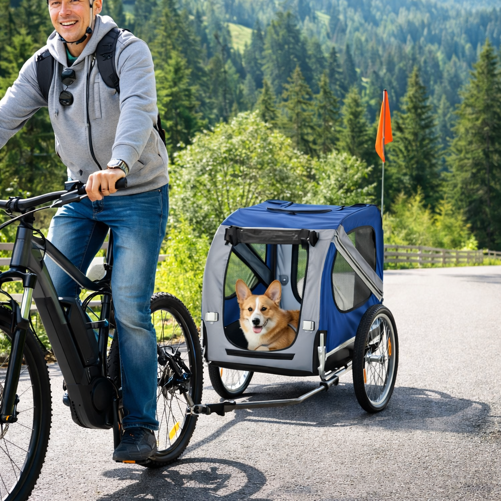 Man riding a bicycle with a dog in a trailer on a scenic road.