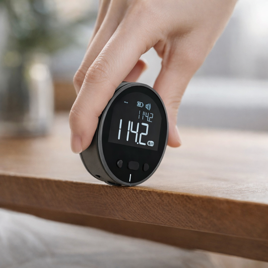 Hand using a smart digital measuring ruler on a wooden surface