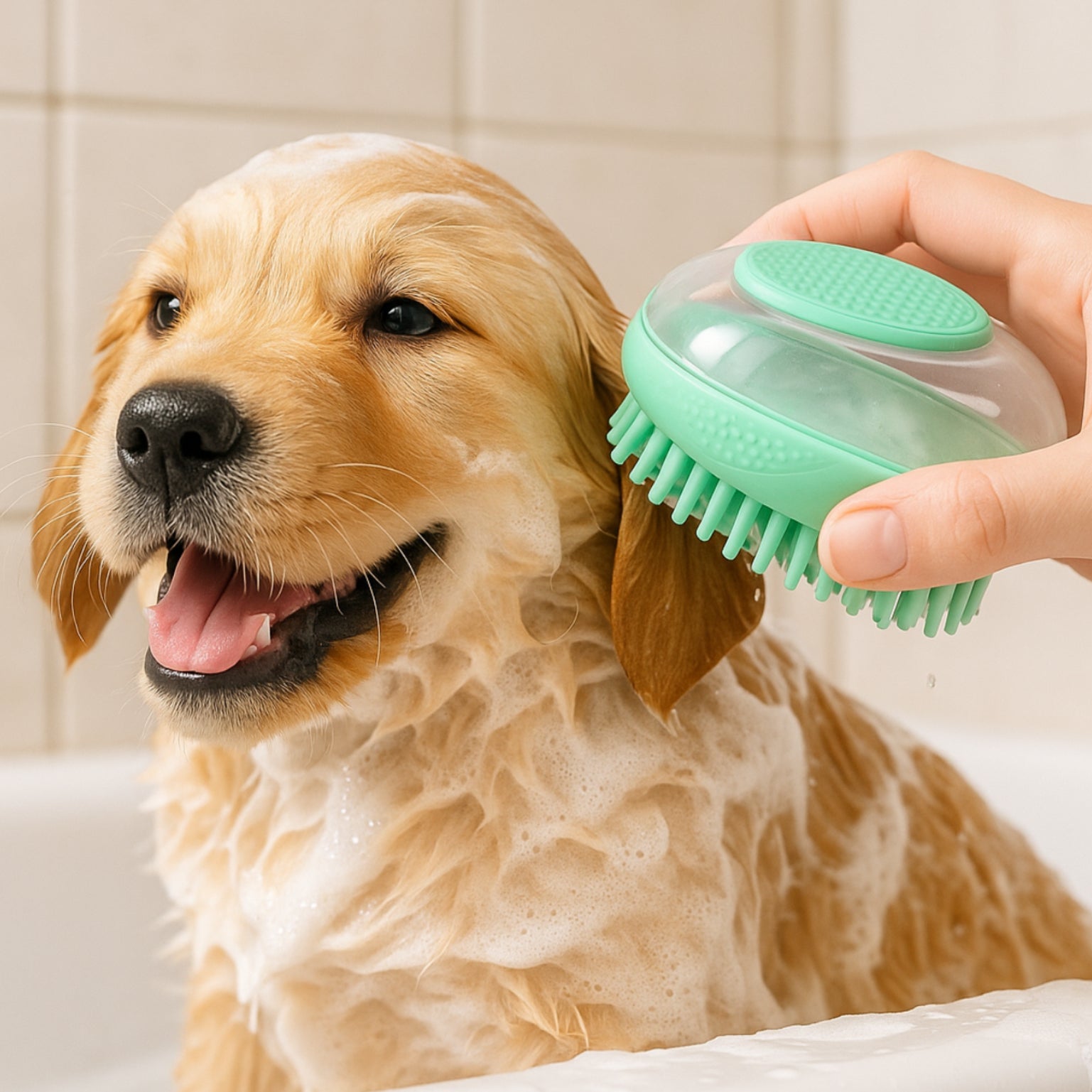 Dog being bathed with a green pet brush in a bathtub.