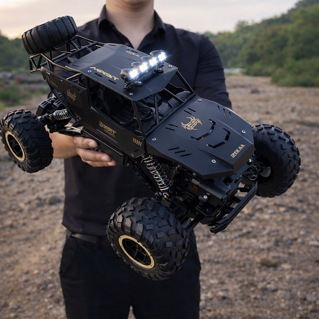 Person holding a large black remote control off-road vehicle in an outdoor setting