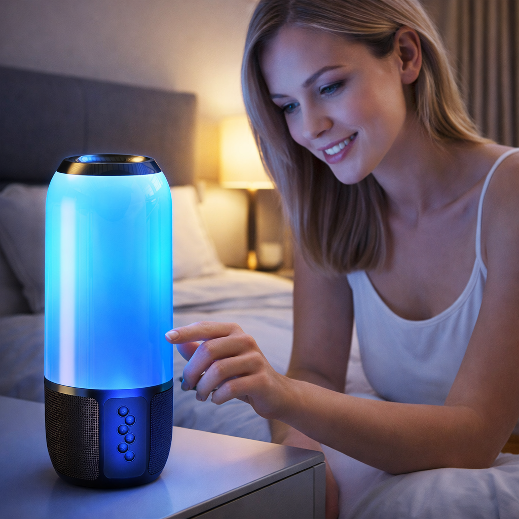 Woman using a glowing blue and black cylindrical device on a nightstand.
