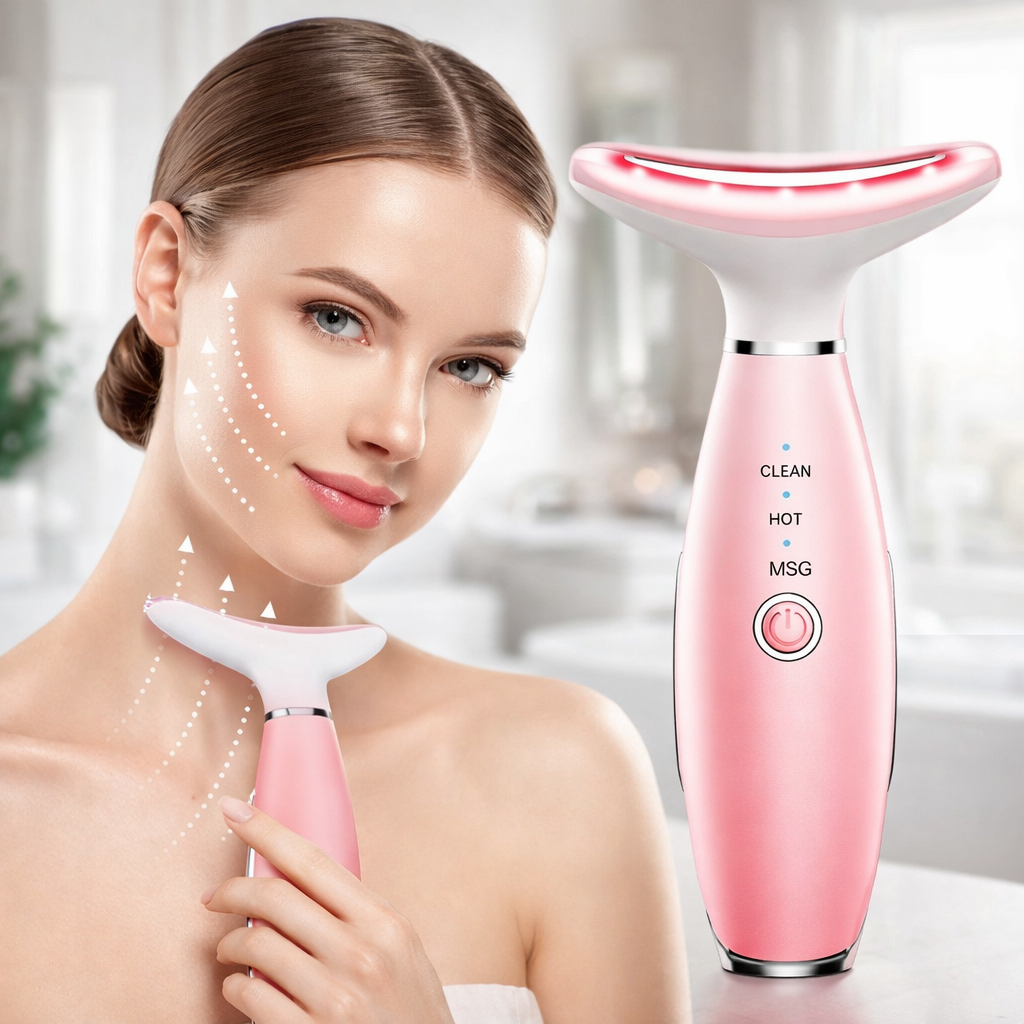 Woman using a pink facial massager with a blurred bathroom background