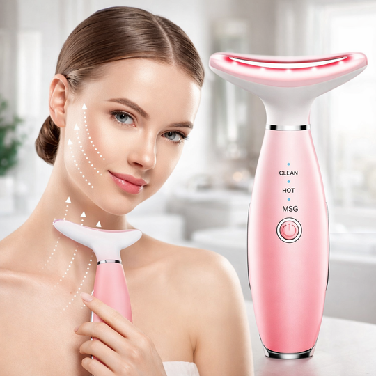 Woman using a pink facial massager with a blurred bathroom background