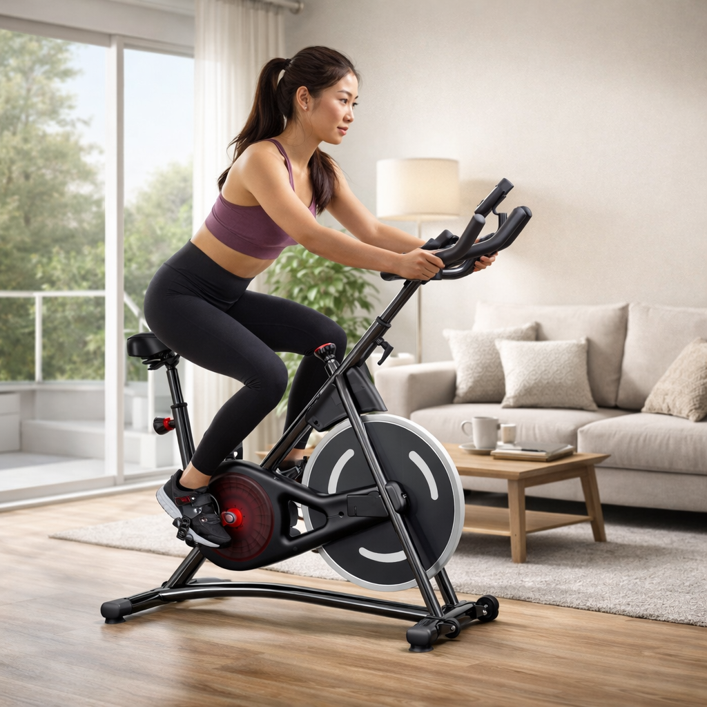 Woman exercising on a stationary bike in a living room.
compact magnetic exercise bike in white with adjustable seat and digital display
