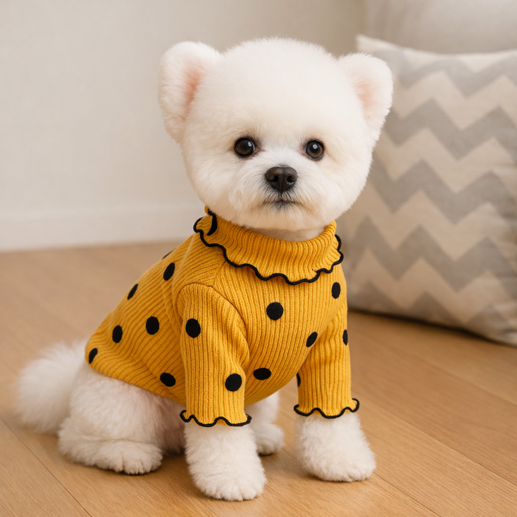 Small white dog wearing a yellow sweater with black polka dots on a wooden floor.