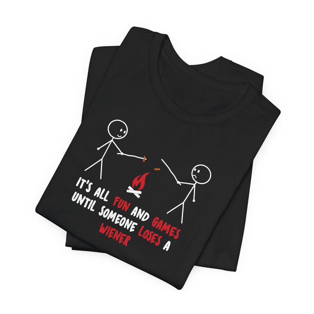 Black t-shirt with stick figure design and humorous text on a white background