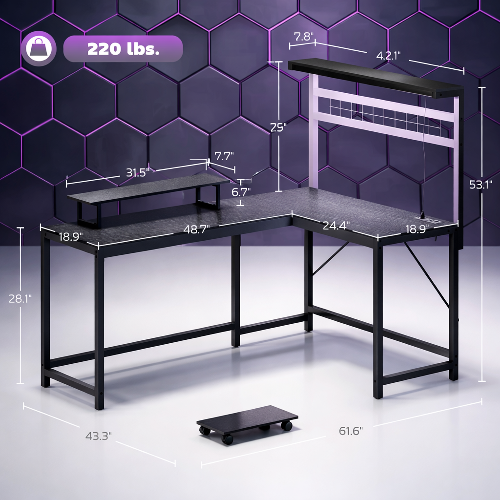RGB L-Shaped Gaming Desk with Power &amp; Monitor Stand