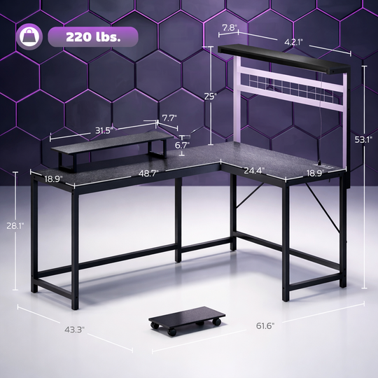 RGB L-Shaped Gaming Desk with Power &amp; Monitor Stand