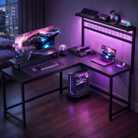 RGB L-Shaped Gaming Desk with Power &amp; Monitor Stand