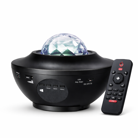 Black ocean wave projector with LED display and remote control on a white background