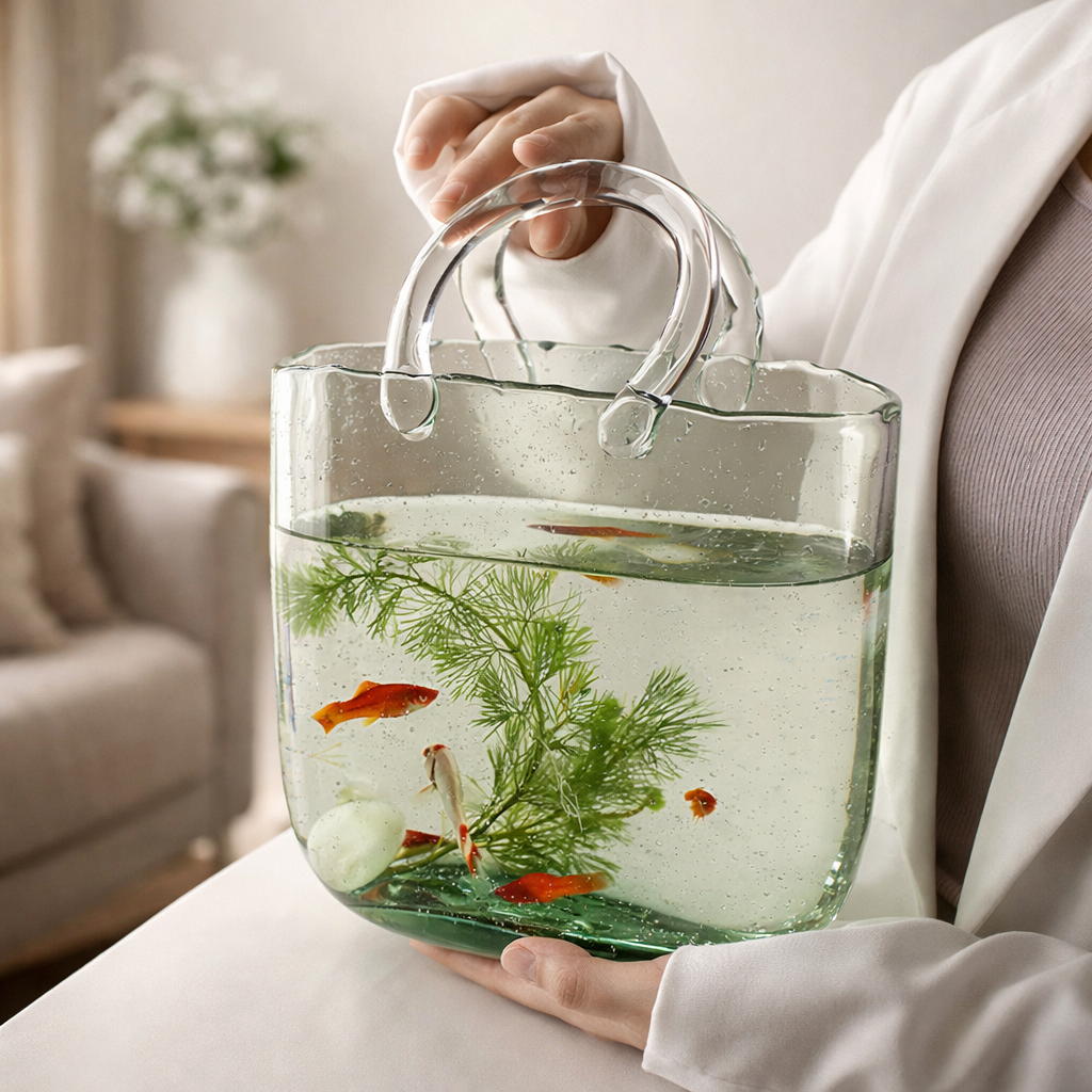 Clear handbag filled with water, plants, and goldfish held by a person indoors.