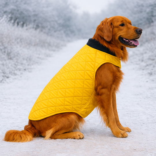 Dog wearing a yellow quilted coat sitting on a snowy ground.