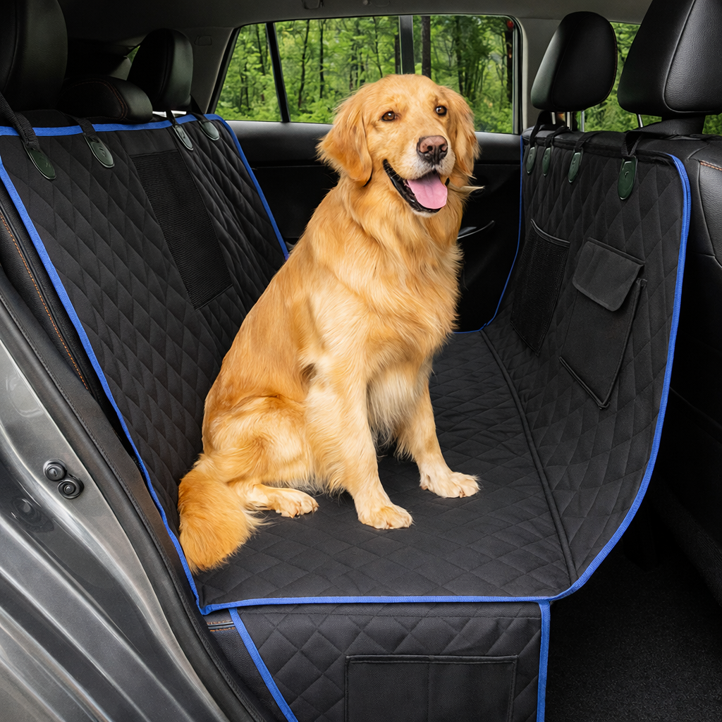 Dog sitting on a black car seat cover with blue edges in a vehicle.