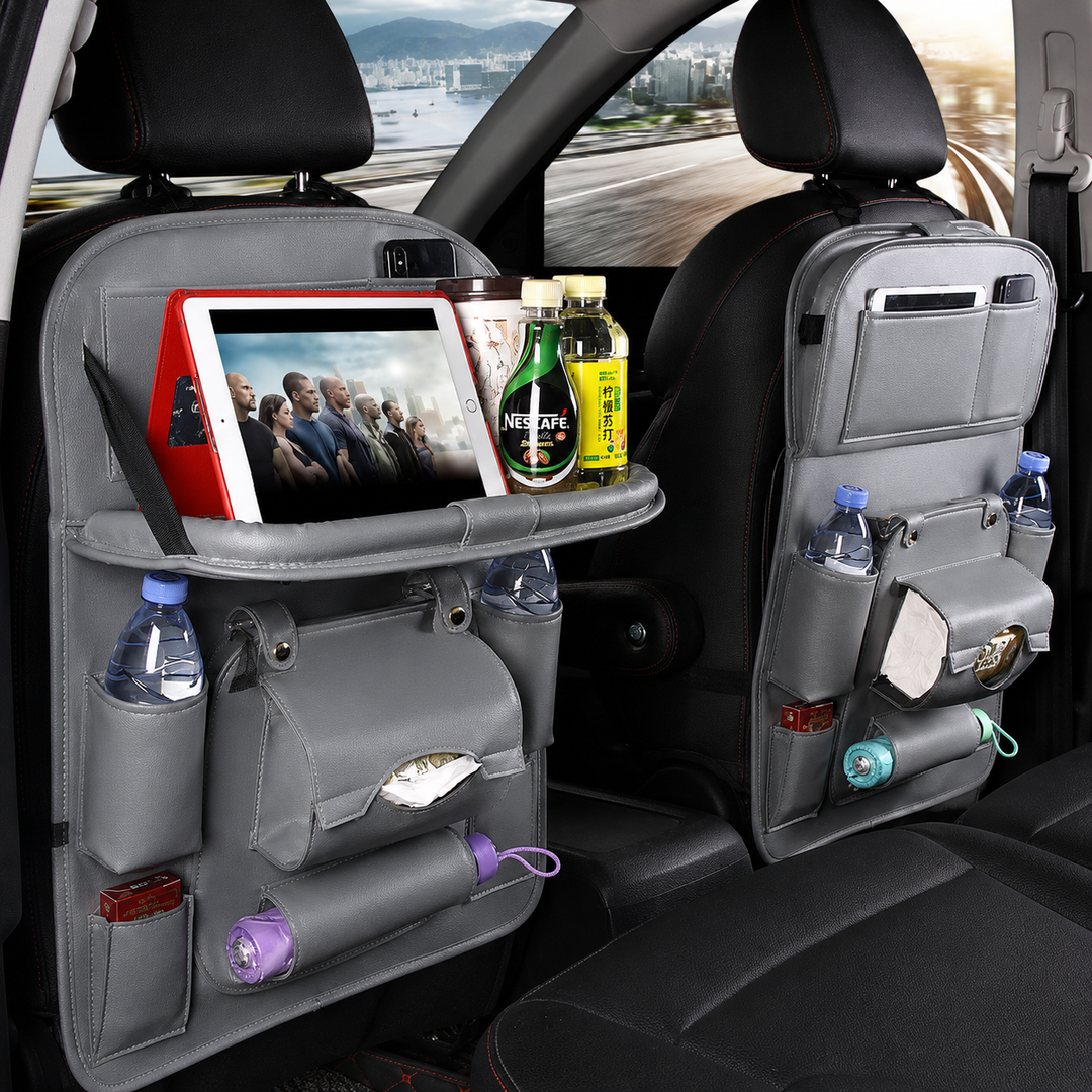 PU Leather Car Seat Organizer with Tray &amp; Trash Pocket